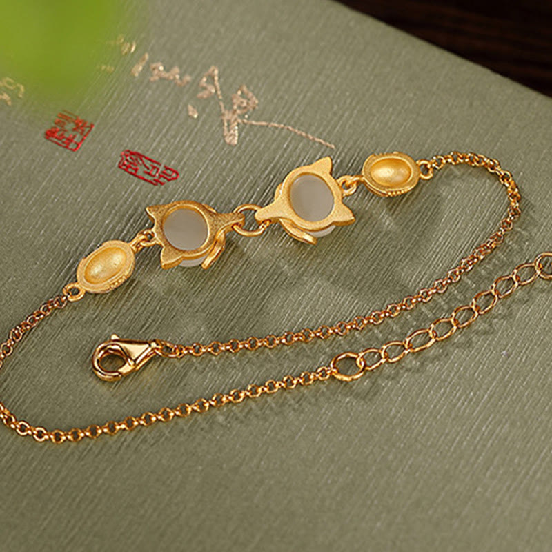 Buddha Stones 925 Sterling Silver Natural Hetian White Jade Cyan Jade Lovely Fox Luck Bracelet Bracelet BS 10