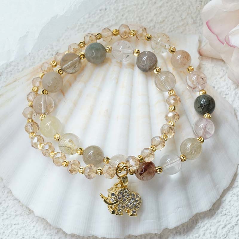 Buddha Stones Rose Quartz Elephant Healing Energy Charm Bracelet Bracelet BS Rutilated Quartz