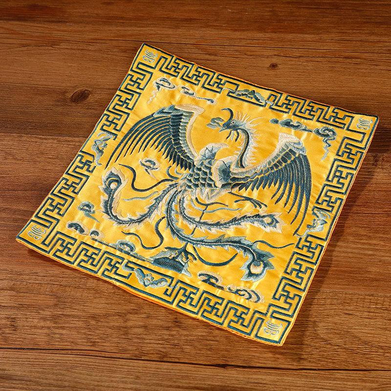 Buddha Stones Crane Phoenix Dragon Kirin Embroidered Cup Mat Pad Tea Cup Coaster Square Kung Fu Tea Mat Tea Mat BS Yellow Phoenix