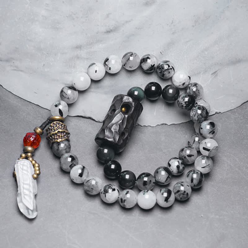 Buddha Stones Black Rutilated Quartz Ebony Wood White Crystal Success Couple Bracelet Bracelet BS 2