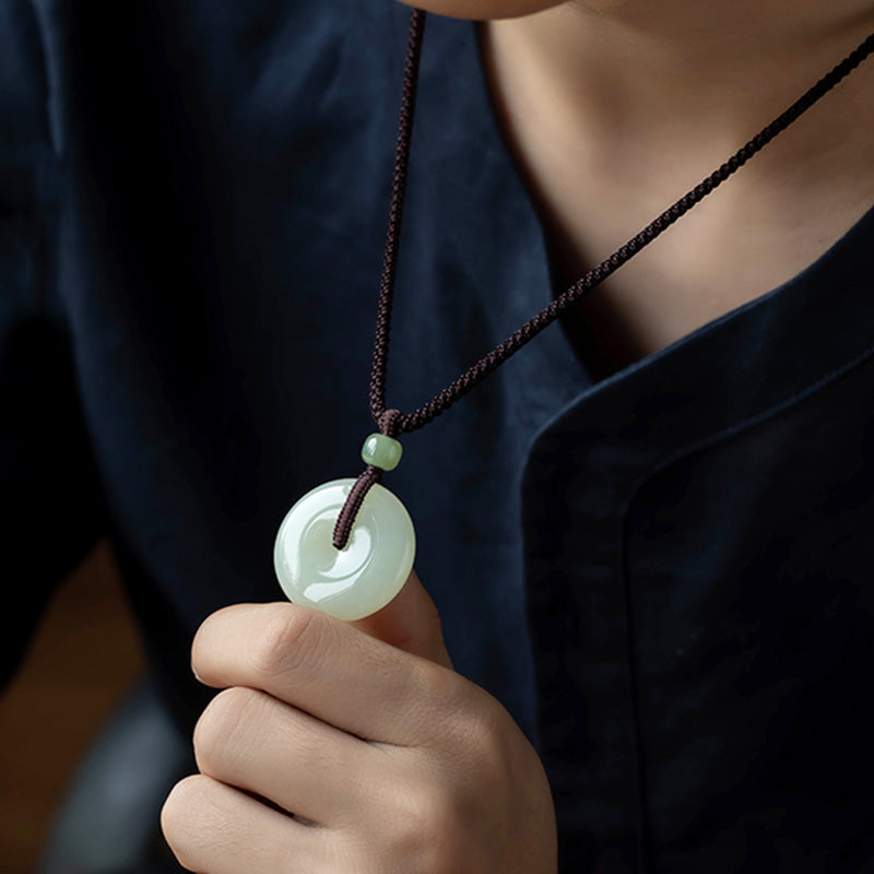 Buddha Stones Natural Round Jade Peace Buckle Luck Prosperity Necklace Pendant Necklaces & Pendants BS 2
