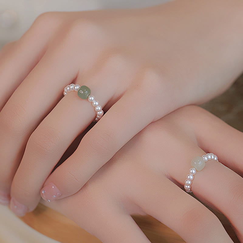 Buddha Stones Round Jade Pearl Beads Luck Ring 6