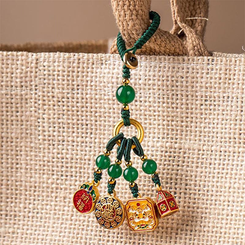 Buddha Stones Nothing to Be Superstitious Dancing Lion Copper Wealth Key Chain Key Chain BS Dark Green(Dancing Lion Charm)