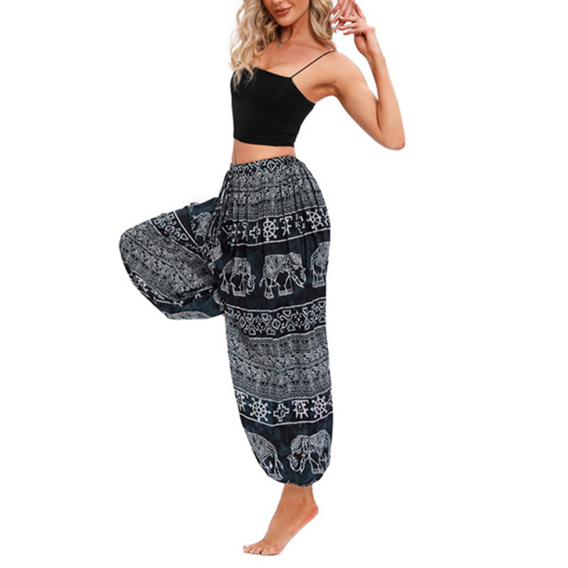 Buddha Stones Elephant Geometry Pattern Casual Loose Harem Trousers Women's Yoga Pants Women's Harem Pants BS 12