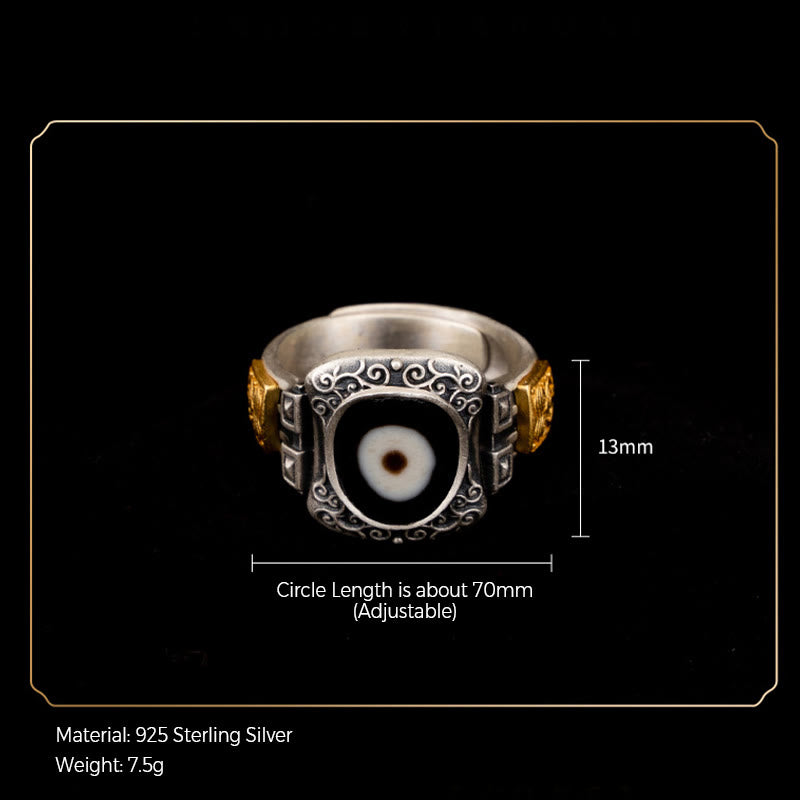 Buddha Stones 925 Sterling Silver Zakiram Goddess of Wealth Design Dzi Bead Protection Ring Ring BS 8