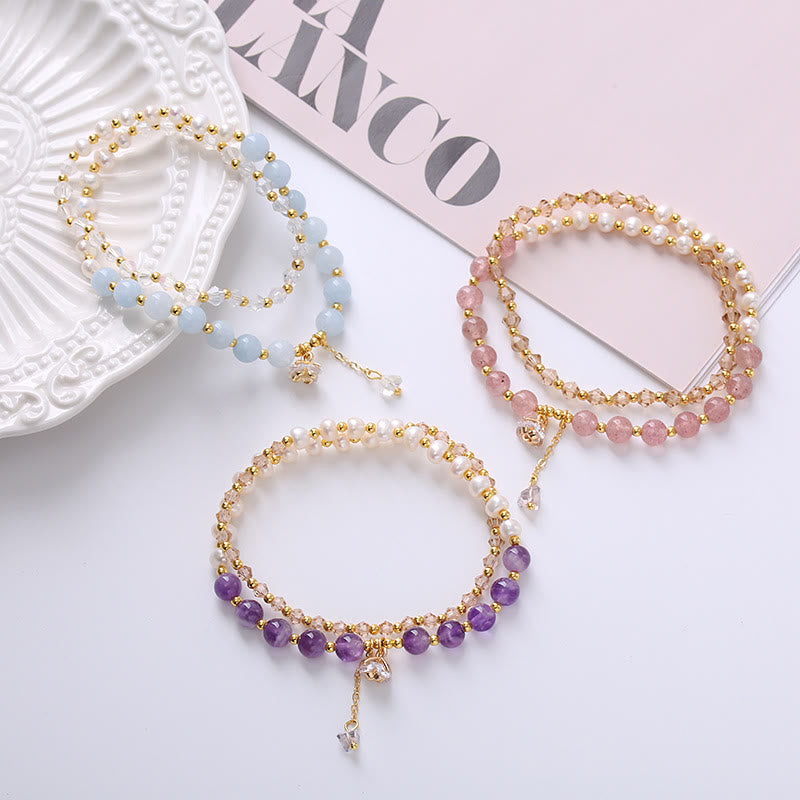 Buddha Stones Natural Amethyst Aquamarine Strawberry Quartz Pearl Peace Healing Double Wrap Bracelet Bracelet BS 8