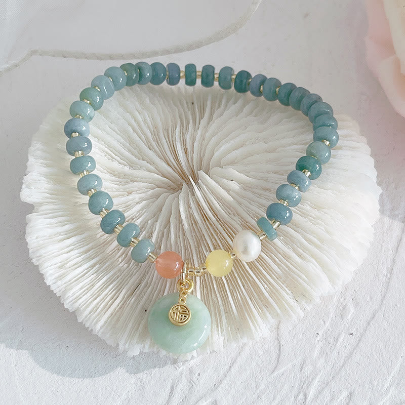 Buddha Stones Natural Hetian Jade Pearl Peace Buckle Fu Character Gourd Money Bag Strawberry Quartz PiXiu Luck Bracelet Bracelet BS Hetian Jade Peace Buckle Fu Character