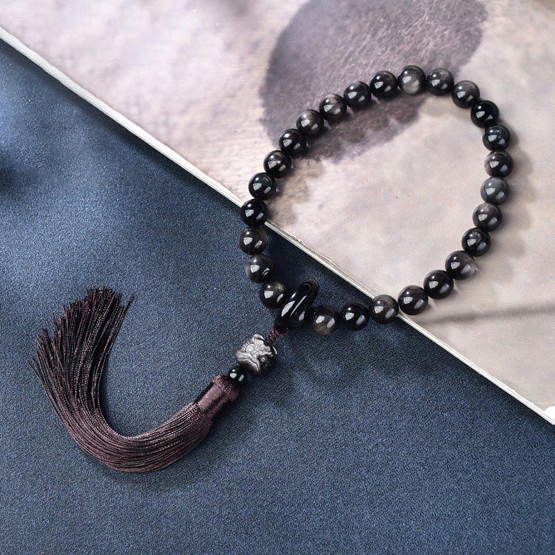 Buddha Stones Natural Silver Sheen Obsidian Lion Wrist Mala Protection Tassels Pocket Mala Car Decoration Wrist Mala&Decorations BS 12mm