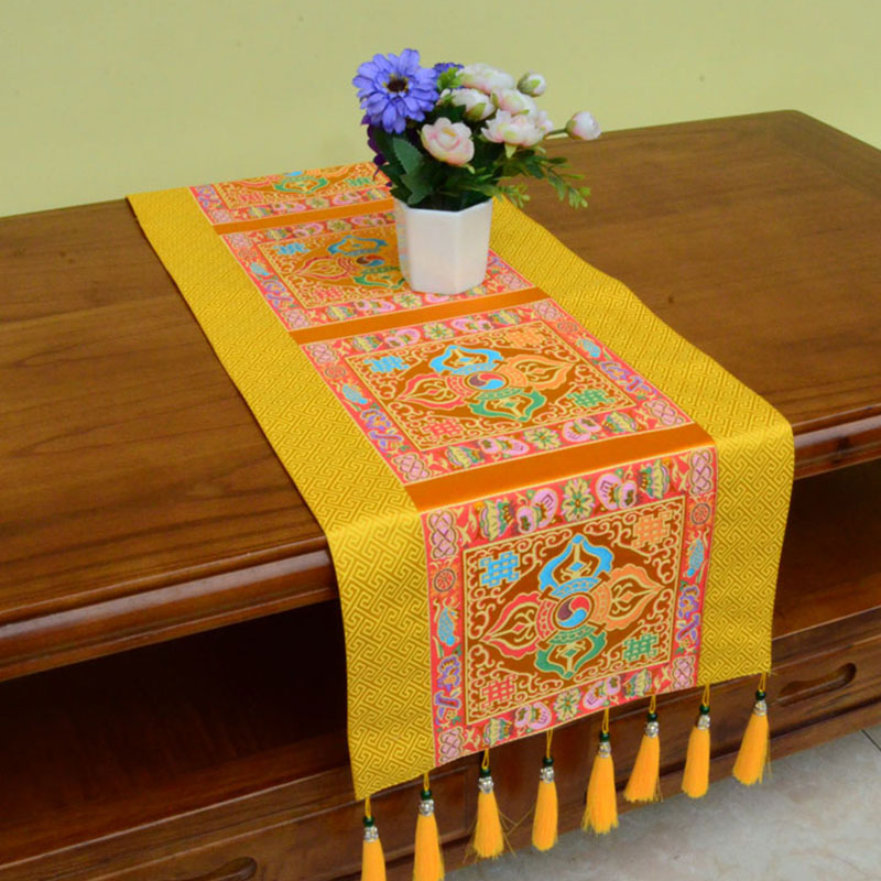Buddha Stones Prayer Altar Mat Man-Bcu Kalachakra Endless Knot Vajra Tibetan Auspicious Symbols Tassels Table Runner Prayer Altar BS Vajra Gold 190*33cm