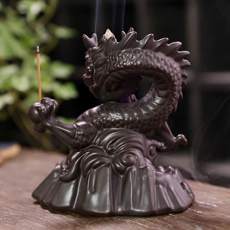 Buddha Stones Auspicious Dragon Ceramic Backflow Smoke Fountain Meditation Healing Incense Burner Led Ball Decoration Incense Burner BS 14