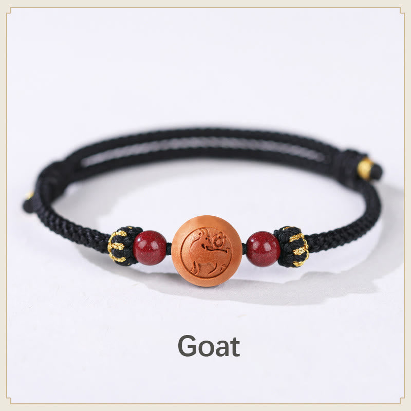 Buddha Stones Natural Peach Wood Chinese Zodiac Fu Character Carved Cinnabar Wealth Bracelet Bracelet BS Goat-Black(Wrist Circumference 14-22cm)