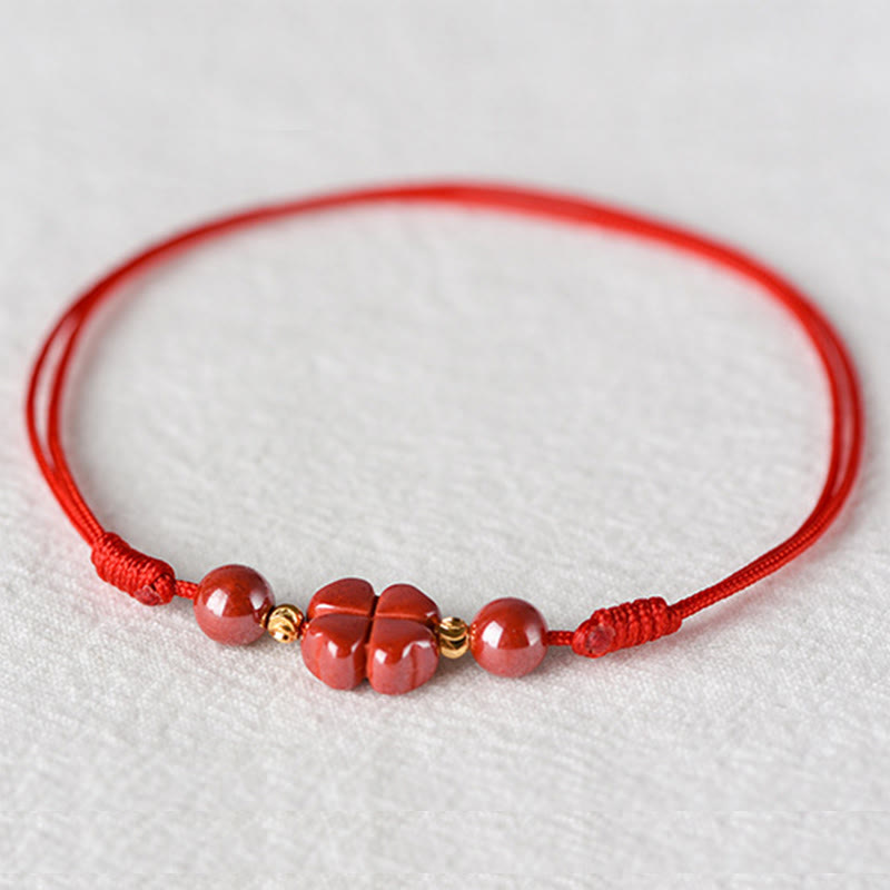 Buddha Stones Four Leaf Clover Cinnabar Blessing Calm String Bracelet Anklet Bracelet BS 15