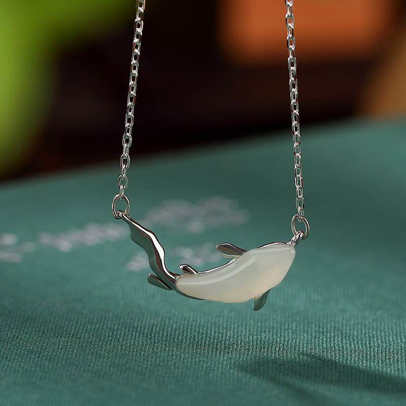 Buddha Stones 925 Sterling Silver White Jade Dolphin Luck Necklace Pendant Necklaces & Pendants BS Silver Koi Fish