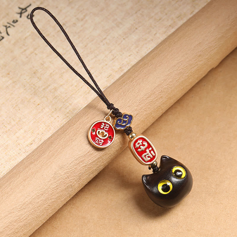 Buddha Stones Ebony Wood Lucky Cat Auspicious Cloud Peace Key Chain Phone Hanging Decoration Key Chain BS Yellow Eyes Cat Phone Hanging Decoration