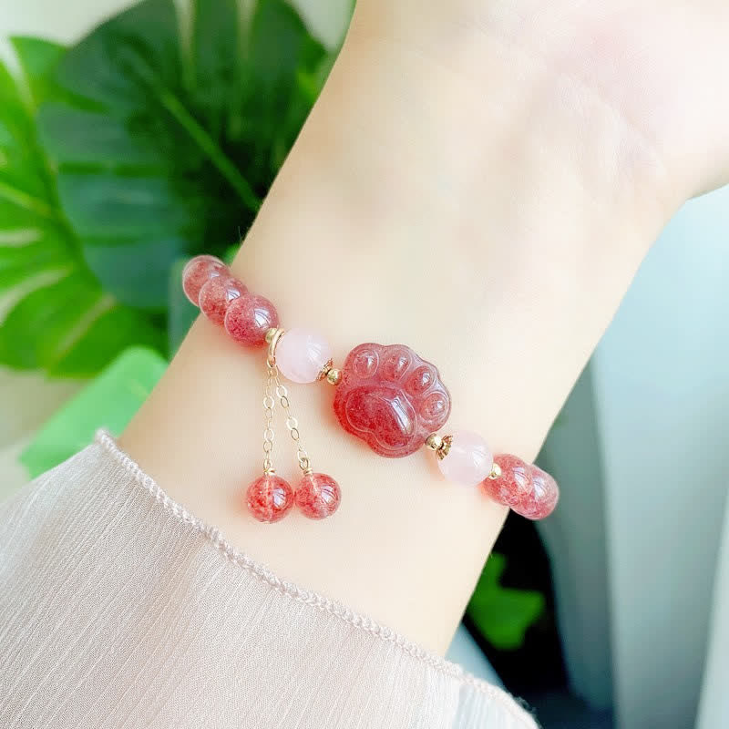 Buddha Stones Natural Strawberry Quartz Pink Crystal Lucky Cat Paw Love Bracelet Bracelet BS 2