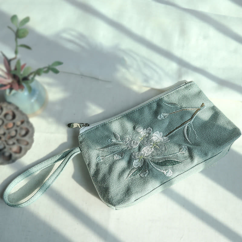 Buddha Stones Small Flower Plum Cherry Crane Peach Blossom Embroidery Canvas Wallet Shopping Purse Purse BS Green Pear 21*13cm