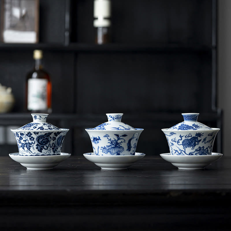 Buddha Stones Blue And White Porcelain Lotus Koi Fish Lion Dance Watermelon Ceramic Gaiwan Sancai Teacup Kung Fu Tea Cup And Saucer With Lid 300ml Cup BS 1