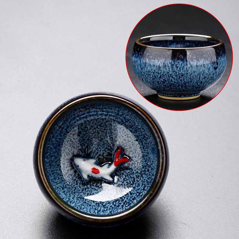 Buddha Stones Small Koi Fish Kiln Change Chinese Jianzhan Ceramic Teacup Kung Fu Tea Cup 60ml Jian Zhan Tea Cup BS Dark Blue 6.6cm*4.2cm*60ml