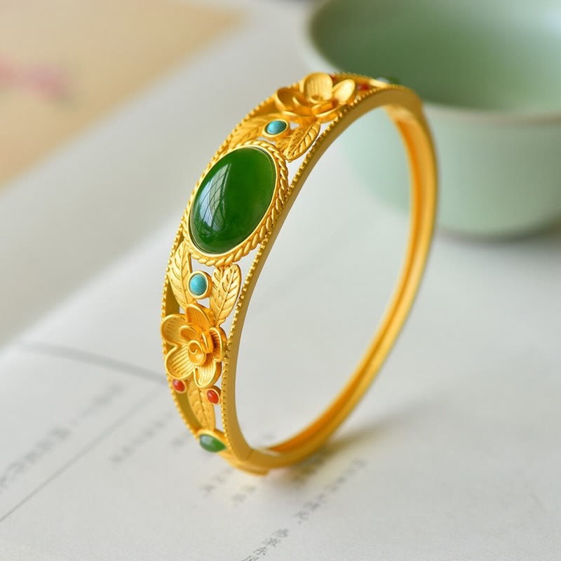 Buddha Stones Cyan Jade White Jade Flower Leaf Harmony Luck Bracelet Bangle Bracelet Bangle BS 4