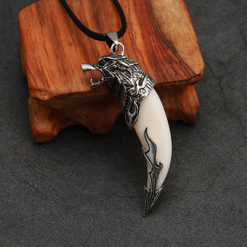 Buddha Stones Imitation Wolf Tooth Titanium Steel Balance Necklace Pendant Necklaces & Pendants BS White Imitation Wolf Tooth Leather Rope