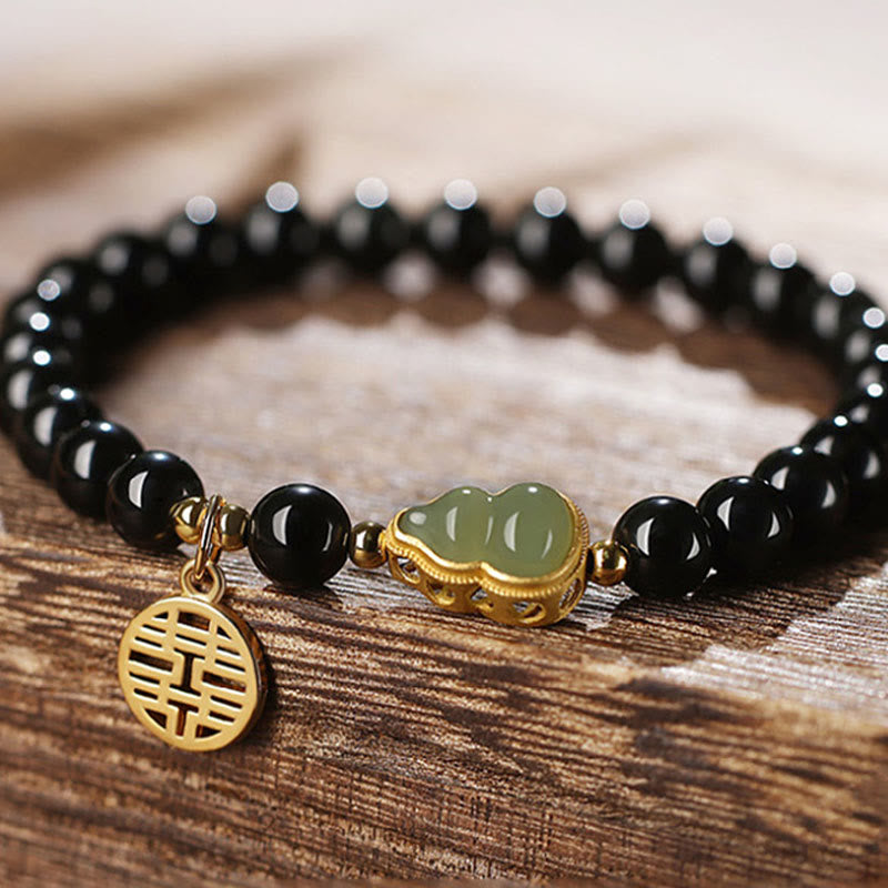 Buddha Stones Natural Black Obsidian Hetian Jade Gourd Double Happiness Strength Bracelet Bracelet BS 11