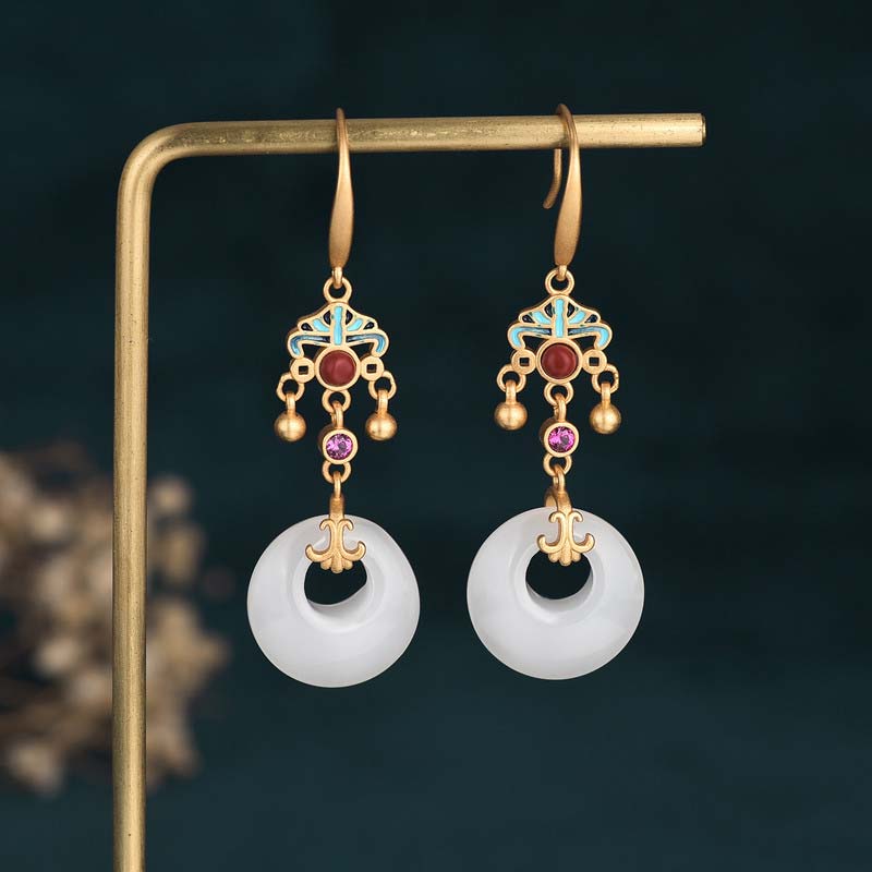 Buddha Stones FengShui White Jade Blessing Drop Earrings Earrings BS 1