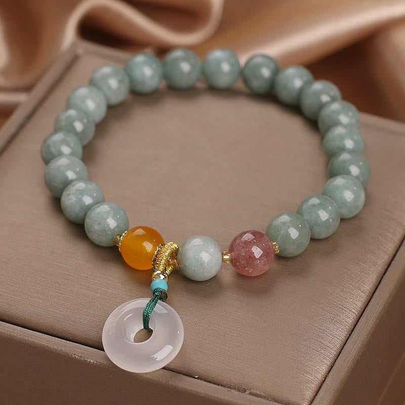 Buddha Stones Natural Jade Strawberry Quartz Bead Peace Buckle Prosperity Bracelet Bracelet BS Jade(Prosperity♥Abundance)(Wrist Circumference 14-17cm)