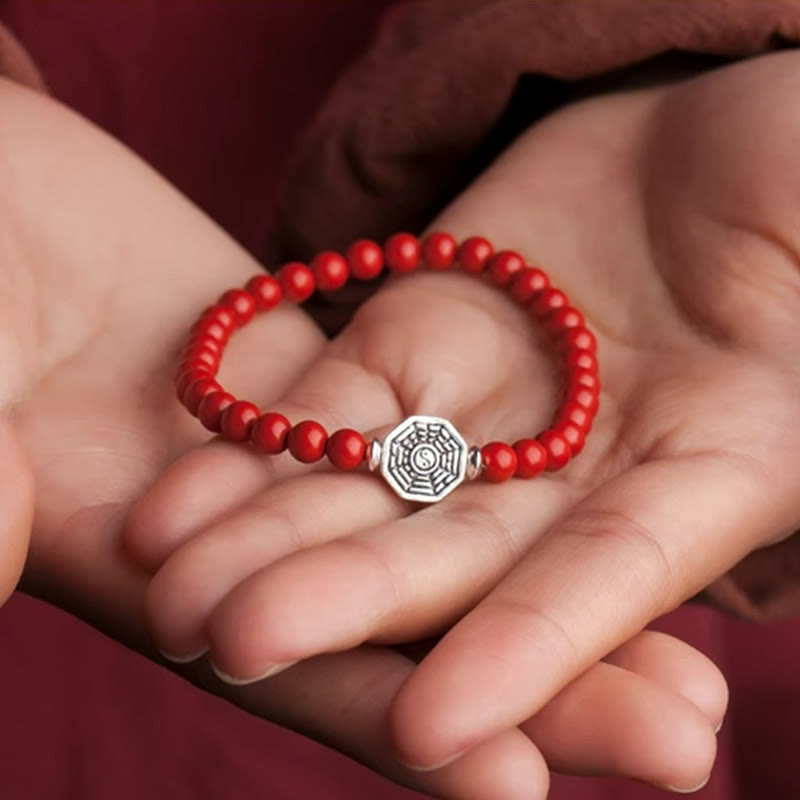 Buddha Stones 925 Sterling Silver Yin Yang Bagua Symbol Cinnabar String Concentration Bracelet Bracelet BS 20