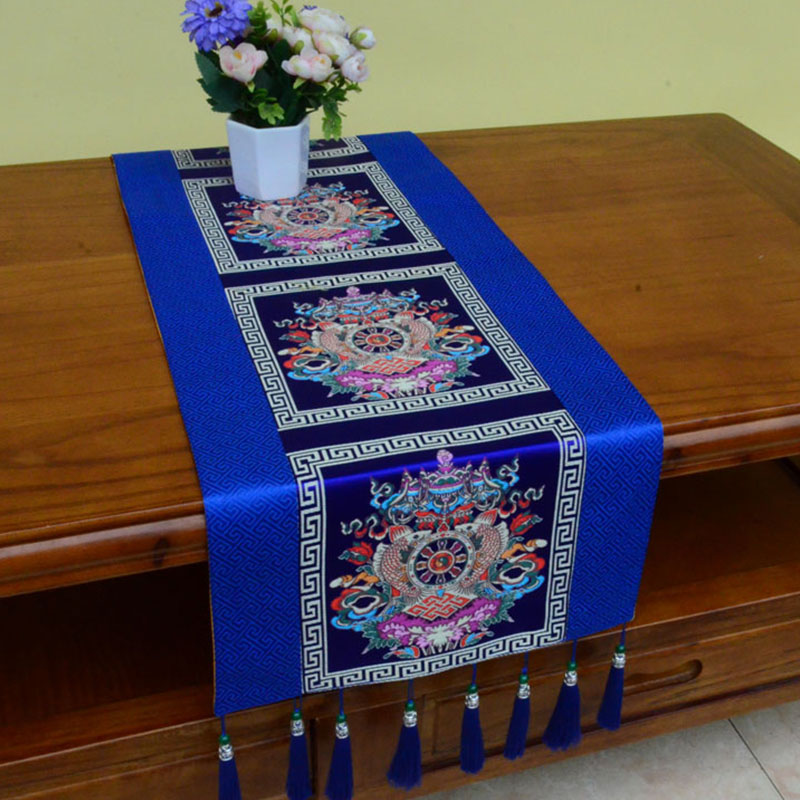 Buddha Stones Prayer Altar Mat Man-Bcu Kalachakra Endless Knot Vajra Tibetan Auspicious Symbols Tassels Table Runner Prayer Altar BS 8 Auspicious Symbols Blue 190*33cm