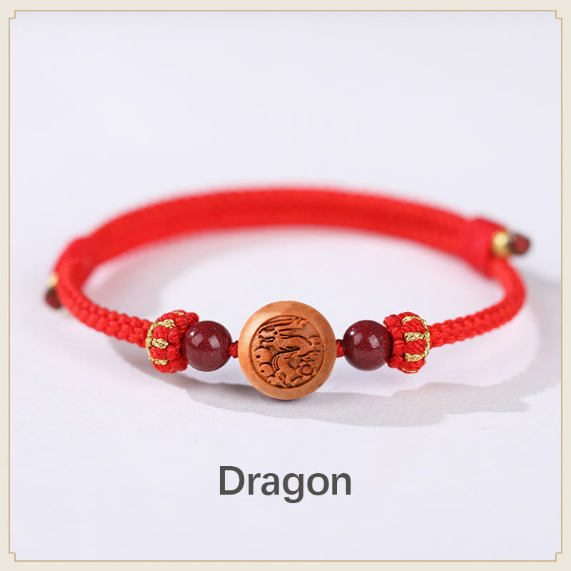 Buddha Stones Natural Peach Wood Chinese Zodiac Fu Character Carved Cinnabar Wealth Bracelet Bracelet BS Dragon-Red(Wrist Circumference 14-22cm)