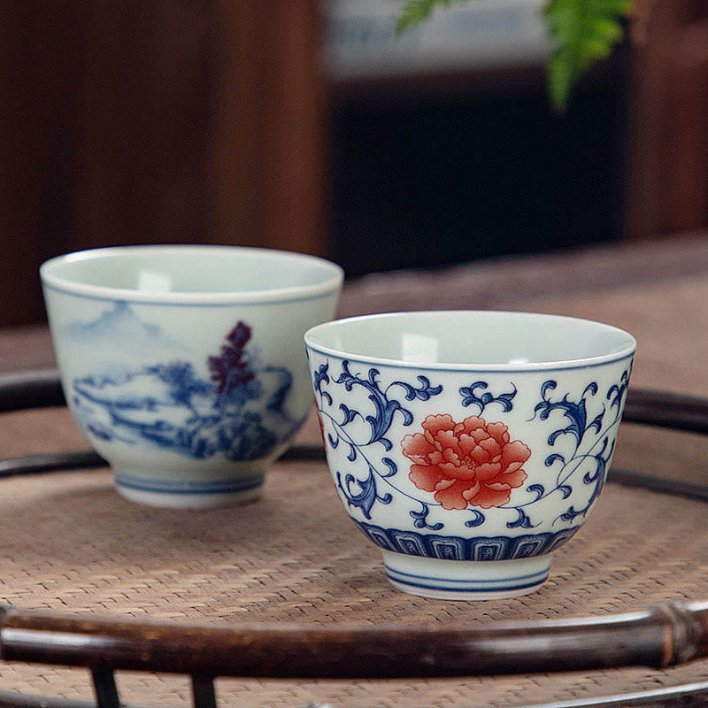 Buddha Stones Blue Landscape Mountains Lotus Cute Cat Pavilions Magnolia Reed Egrets Ceramic Teacup Small Kung Fu Tea Cup Cup BS 2
