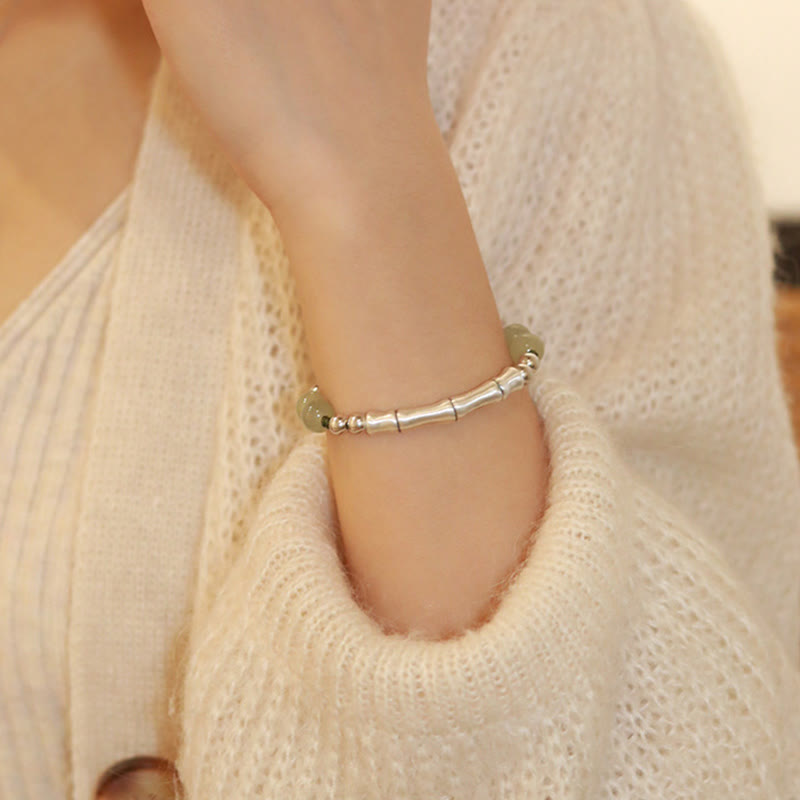 Buddha Stones 925 Sterling Silver Natural Jade Fu Character Bamboo Abundance Bracelet Bracelet BS 12