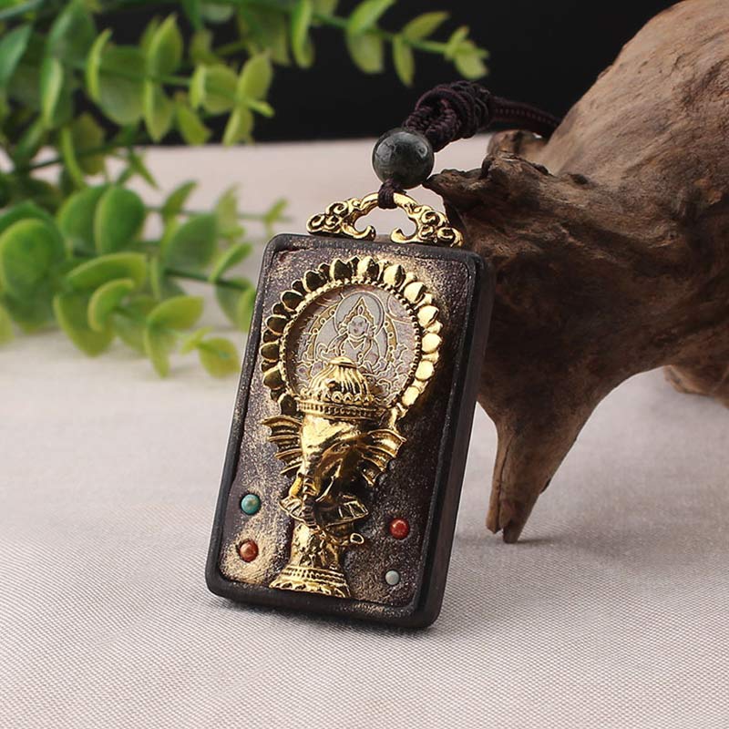 Buddha Stones Ebony Wood Elephant God of Fortune Buddha Blessing Necklace String Pendant Necklaces & Pendants BS 11