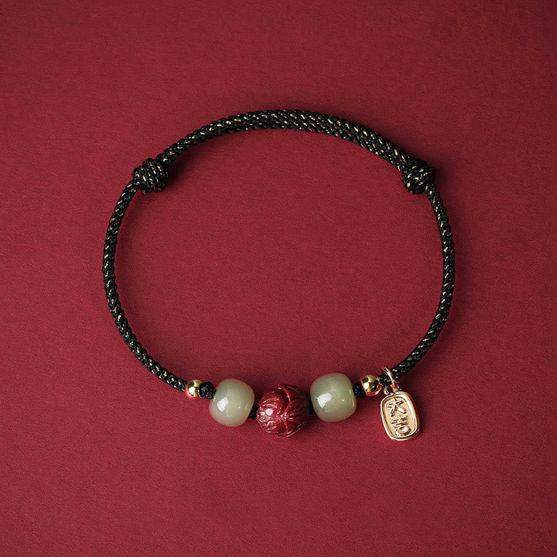 Buddha Stones 14K Gold Plated Hetian Jade Cinnabar Lotus Luck Handcrafted Rope Bracelet Bracelet BS Black Rope(Wrist Circumference 13-18cm)