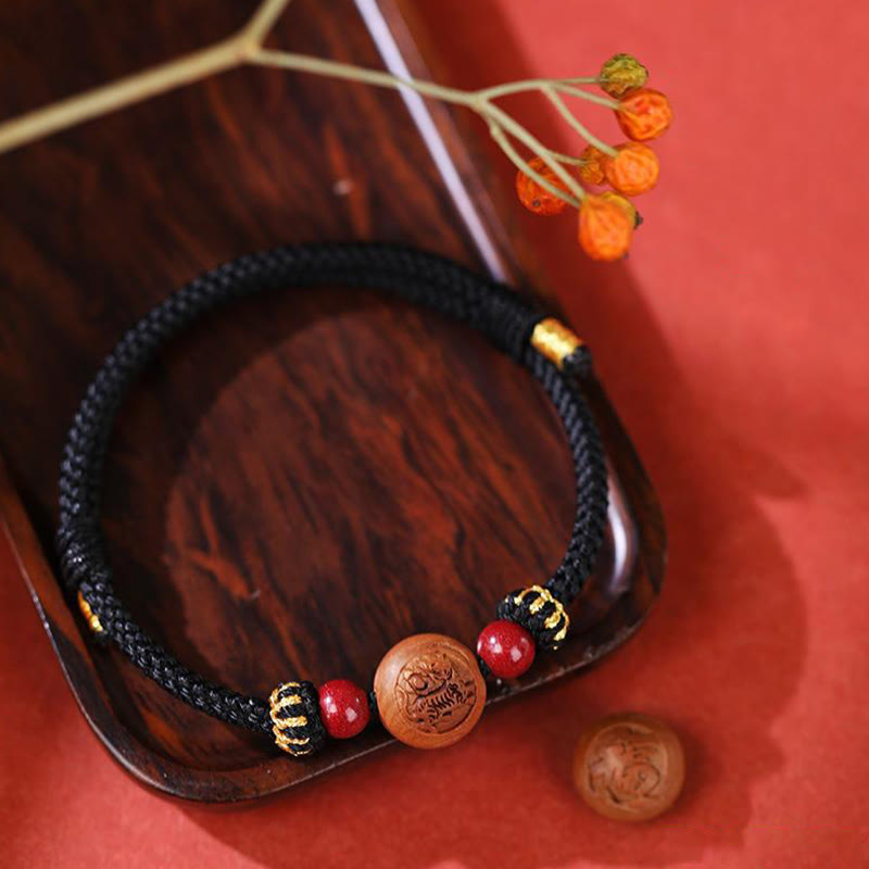 Buddha Stones Natural Peach Wood Chinese Zodiac Fu Character Carved Cinnabar Wealth Bracelet Bracelet BS 12