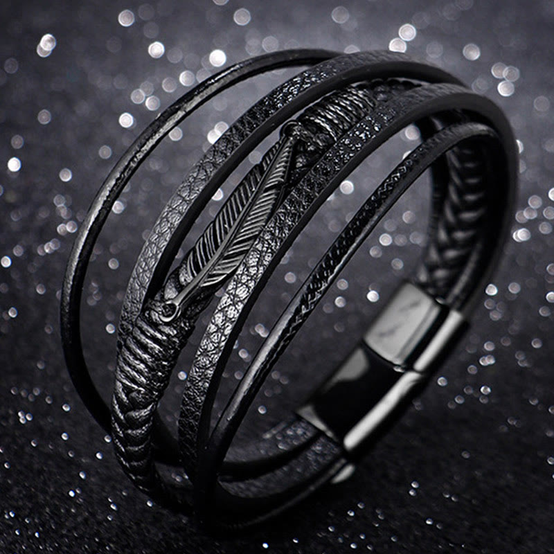Buddha Stones Feather Pattern Multilayer Leather Titanium Steel Calm Braided Magnetic Buckle Bracelet Bracelet BS 9