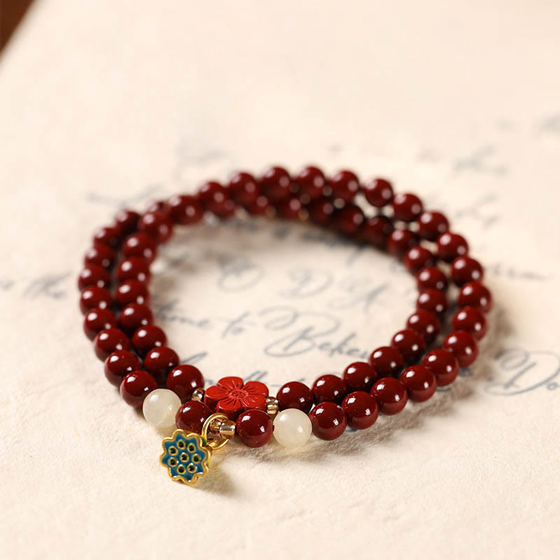 Buddha Stones Cinnabar Lotus Charm Double Wrap Blessing Bracelet Bracelet BS 1