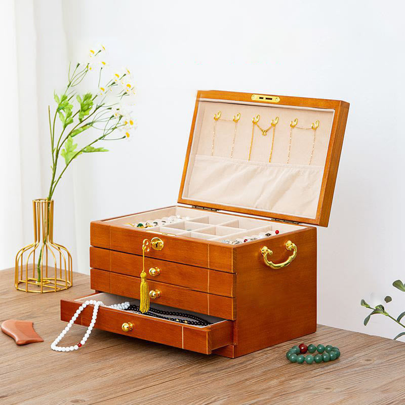 Buddha Stones Retro Solid Wood Jewelry Box Four-Layer Wooden Jewelry Storage Box Jewelry Box BS 15