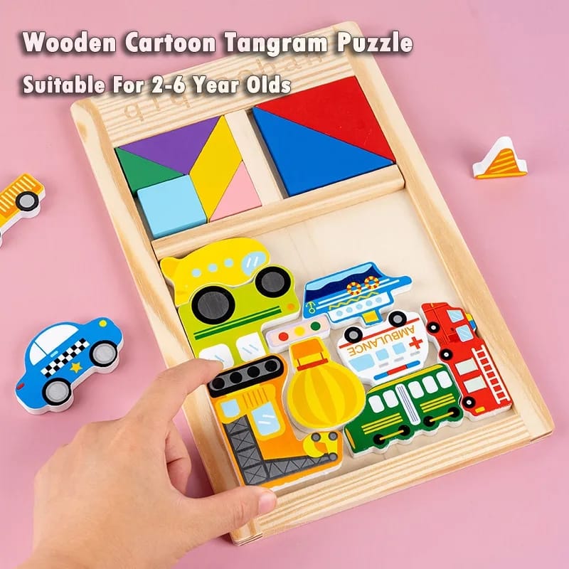 Fidtoy 3 in 1 Brainteaser Tangram Puzzle Board, Wooden Vehicle Shape Matching Puzzle, Color Recognition Fine Motor Learning Toy Ages 3+