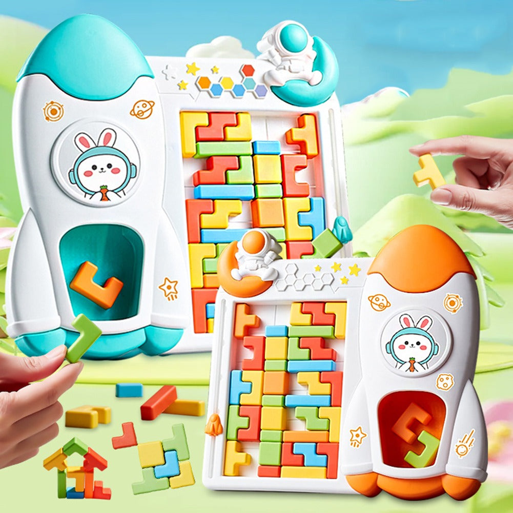 Fidtoy Space Rocket Tetris Table Block Challenge Game for Kids Ages 4-12, Plastic 3D Puzzle Board Game with Rocket Frame and Colorful Shape Blocks for Logic Play