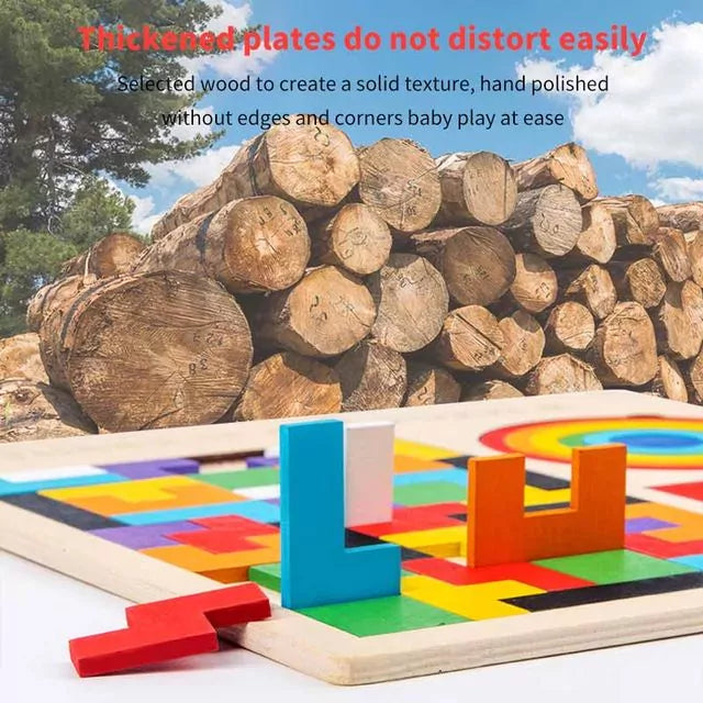 Fidtoy Wooden Tangram Brain Teaser Puzzle Game, 3 in 1 Wooden Tangram Tetris and Rainbow Bridge Puzzle, Shape Sorting Spatial Awareness Toy Ages 3+