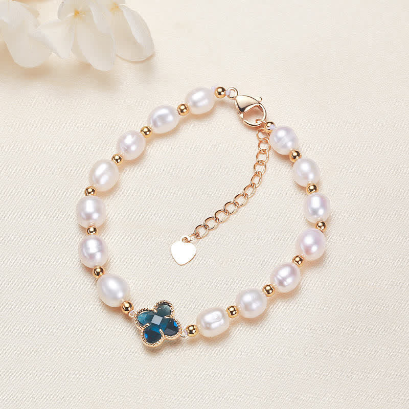 Buddha Stones Pearl Four Leaf Clover Wealth Chain Bracelet Bracelet BS Blue Four Leaf Clover