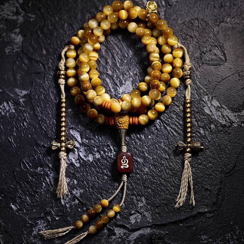 Buddha Stones 108 Mala Beads Natural Tiger Eye Copper Dorje Protection Tassel Bracelet Mala Bracelet BS 8mm Tiger Eye Copper Dorje