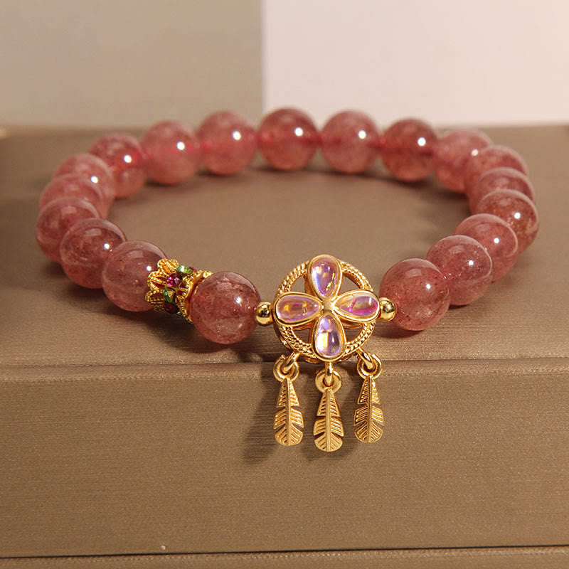 Buddha Stones Natural Strawberry Quartz Four Leaf Clover Dreamcatcher Charm Love Bracelet Bracelet BS 3