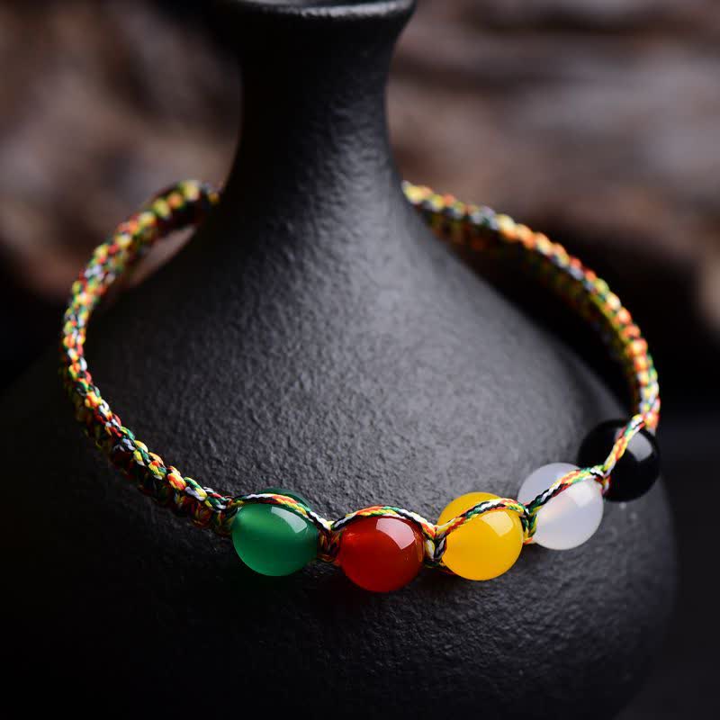 Buddha Stones Colorful Agate Metal Wood Water Fire Earth Five Elements String Bracelet Bracelet BS 1
