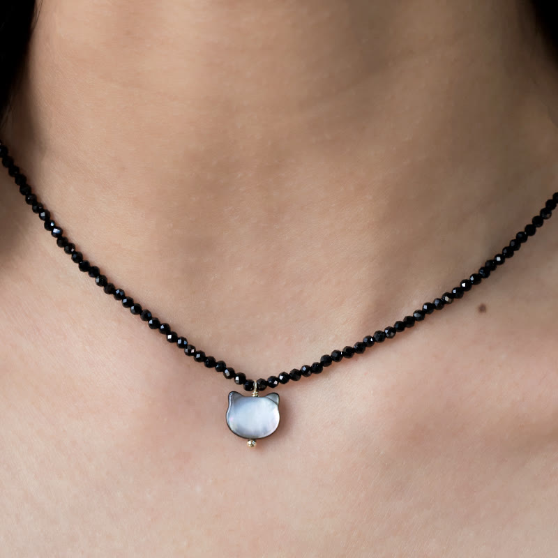 Buddha Stones Black Spinel Cute Cat Motivate Choker Necklace Bracelet Necklaces & Pendants BS 8