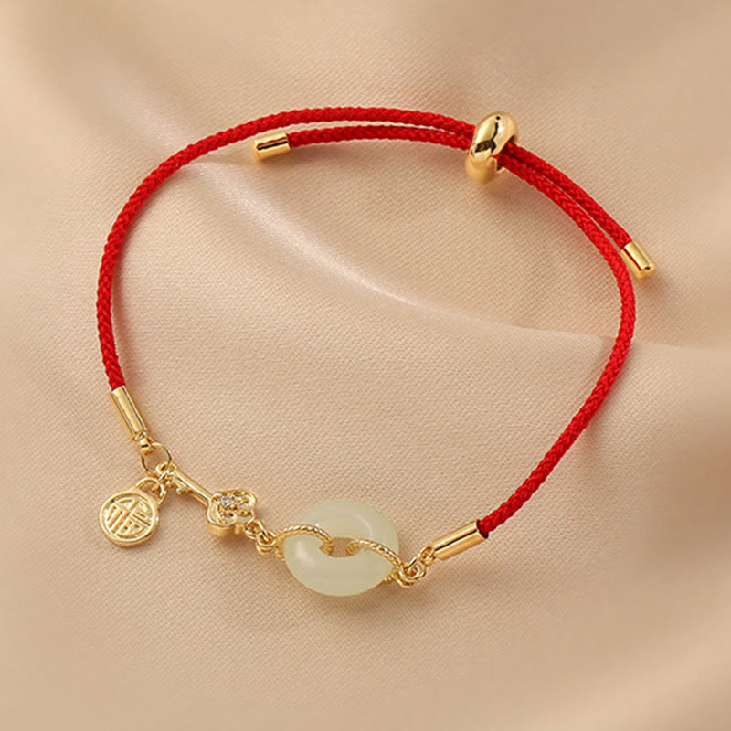 Buddha Stones 18K Gold Plated Hetian Jade Peace Buckle Fu Character Luck Red Rope Bracelet Bracelet BS 5