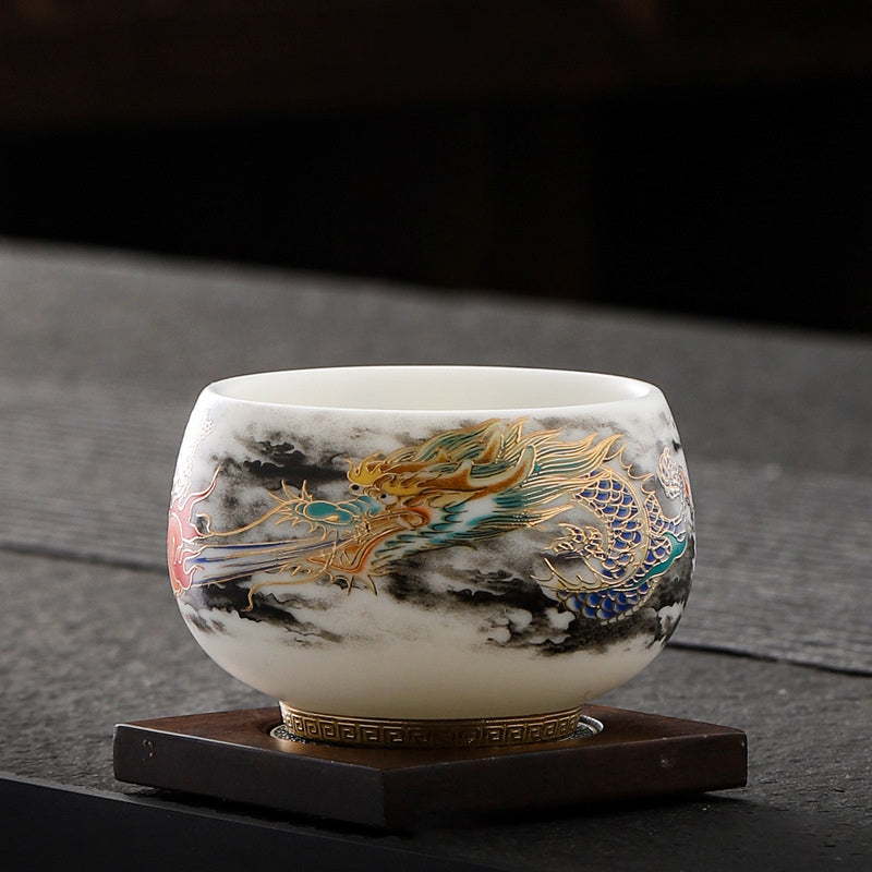 Buddha Stones Dragon Playing With Pearl Design White Porcelain Ceramic Teacup Kung Fu Tea Cup 160ml Cup BS 1