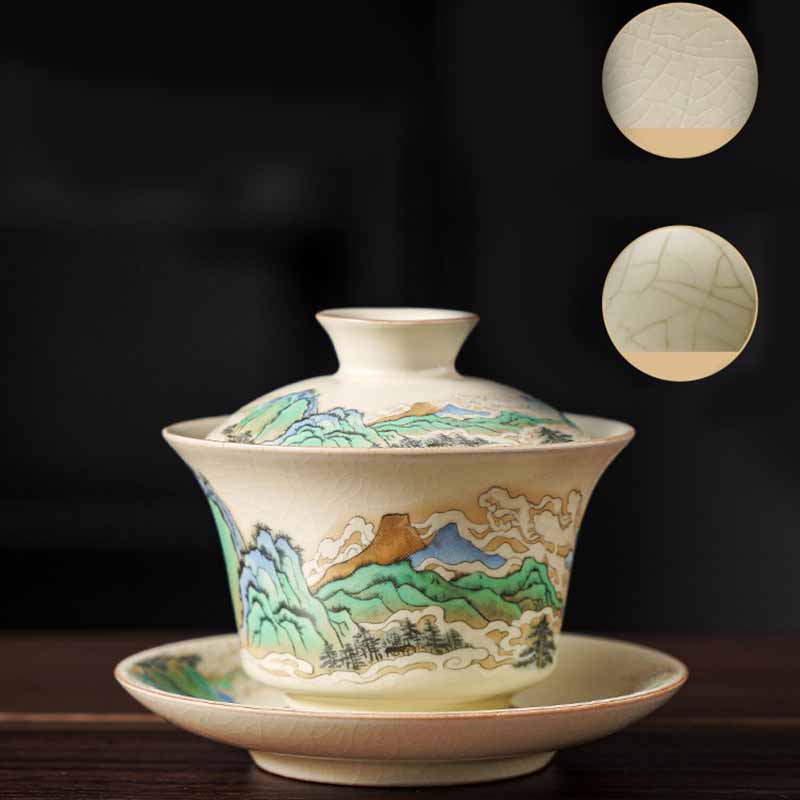 Buddha Stones A Panorama of Rivers and Mountains Flowers Ceramic Gaiwan Sancai Teacup Kung Fu Tea Cup And Saucer With Lid Cup BS 6