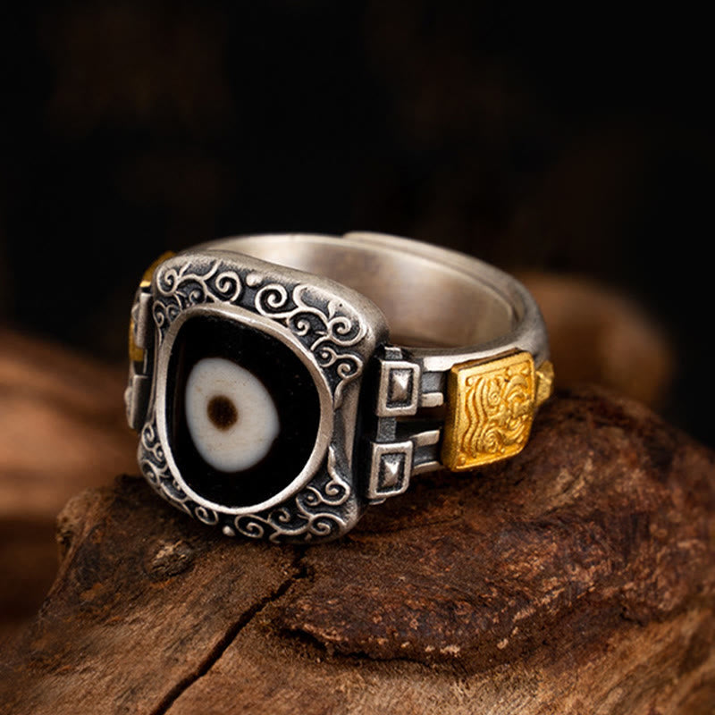Buddha Stones 925 Sterling Silver Zakiram Goddess of Wealth Design Dzi Bead Protection Ring Ring BS Circumference: 7cm(Adjustable)